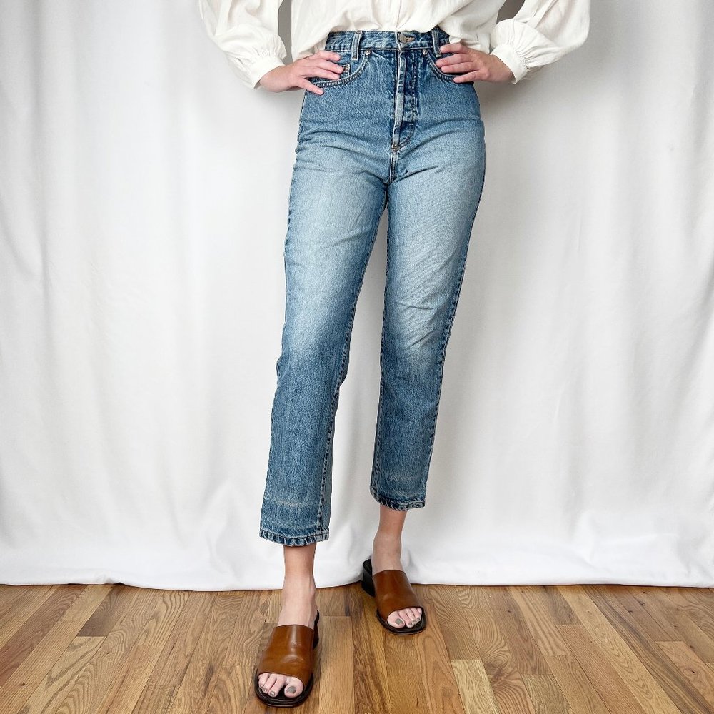 Vintage Button Fly High Rise Ribcage Straight Leg Relaxed Fit Faded Denim Jeans - Picture 2 of 8